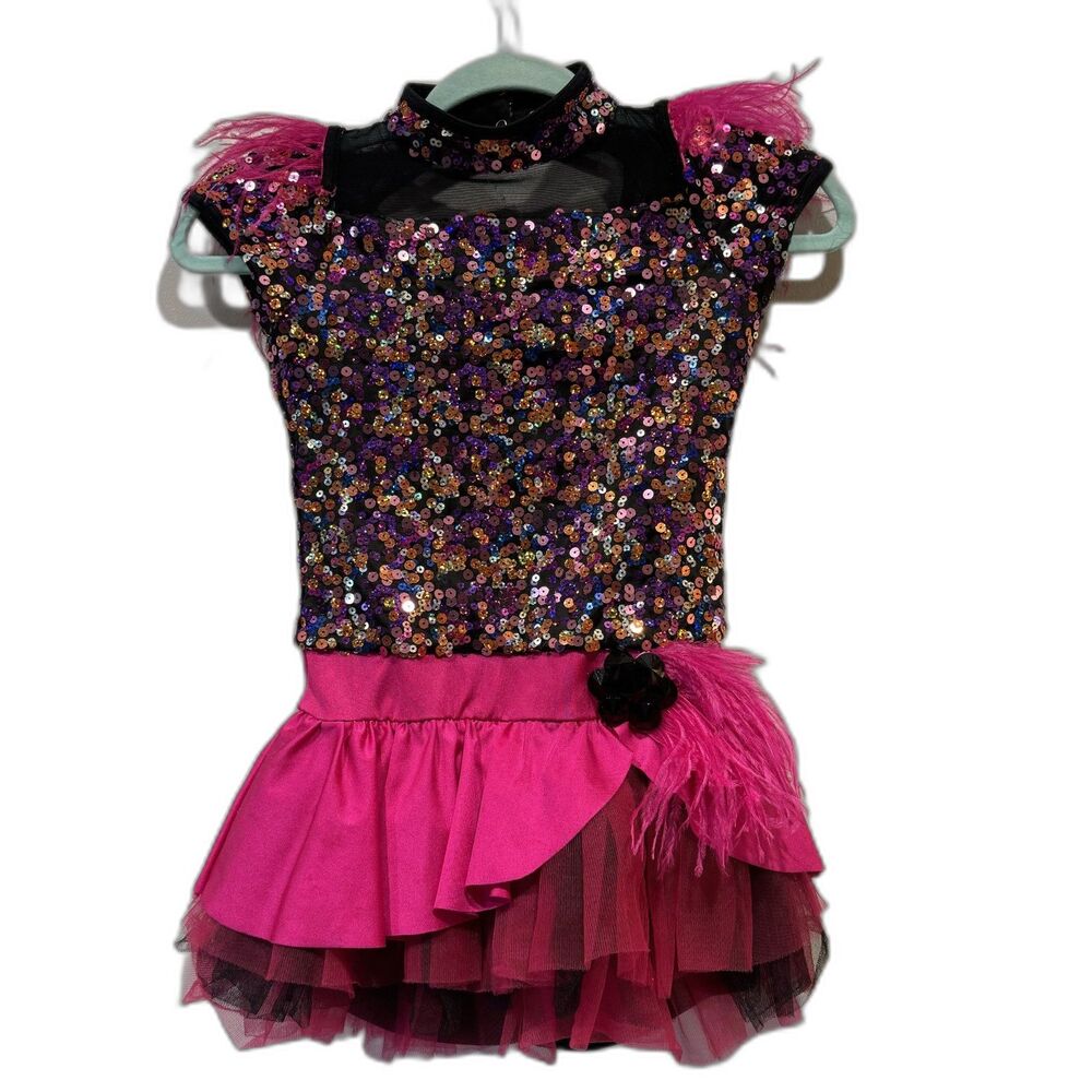 Weissman Sequin Dance Costume Feather Trim Tutu Built-In Shorts Girls sz Medium